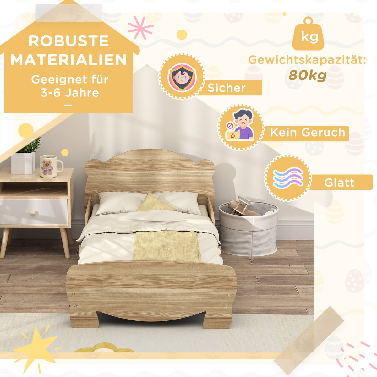 Children's bed 143.5 x 80 cm, house bed made of solid wood, youth bed with fall protection, play bed can hold up to 80 kg, single bed with bear design for children's room, natural wood