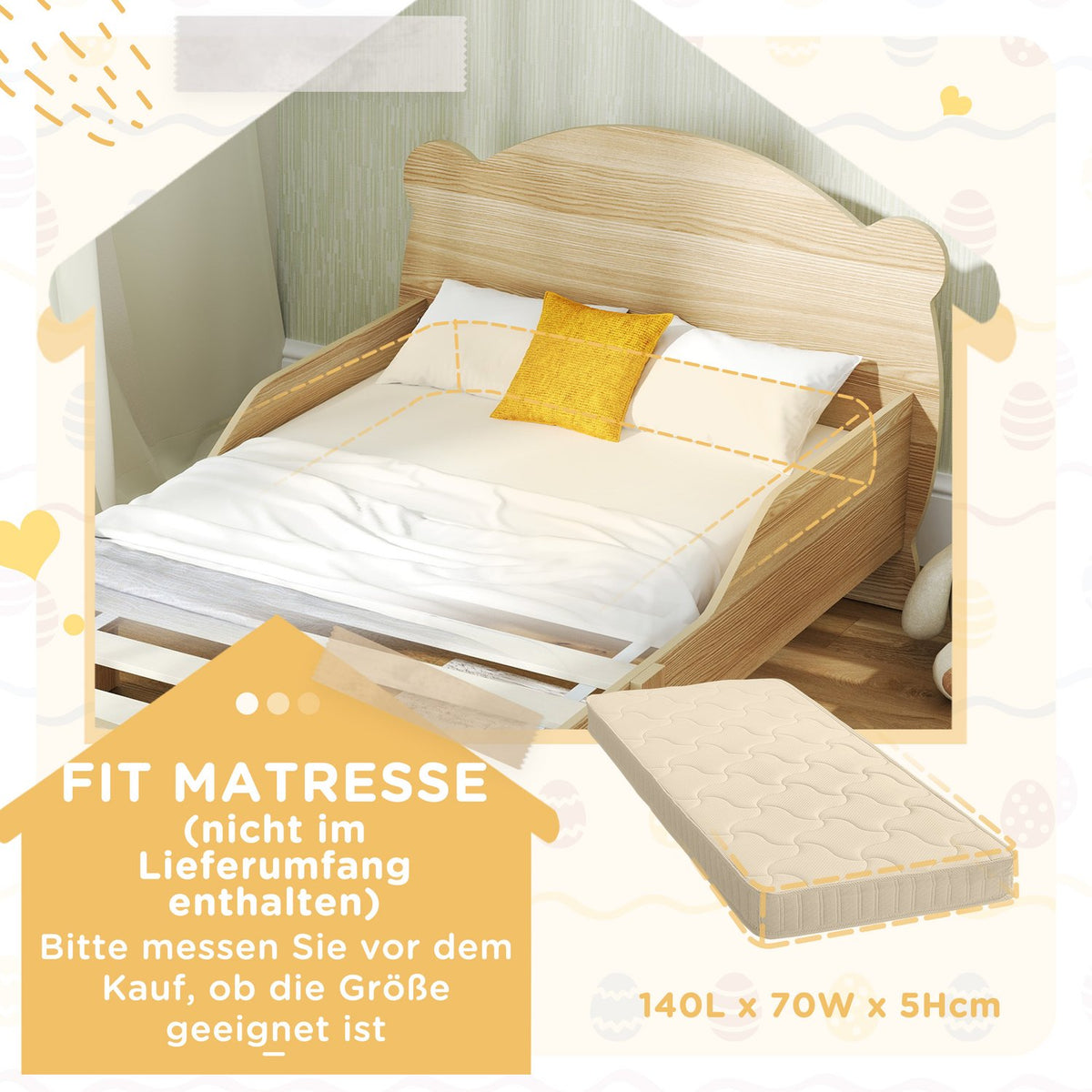 Children's bed 143.5 x 80 cm, house bed made of solid wood, youth bed with fall protection, play bed can hold up to 80 kg, single bed with bear design for children's room, natural wood
