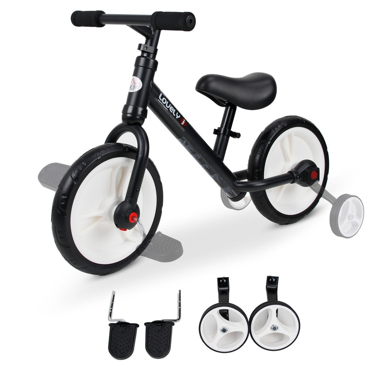Children's bicycle balance bike with training wheels, pedals, seat height adjustable, for 2-5 years, PP, black