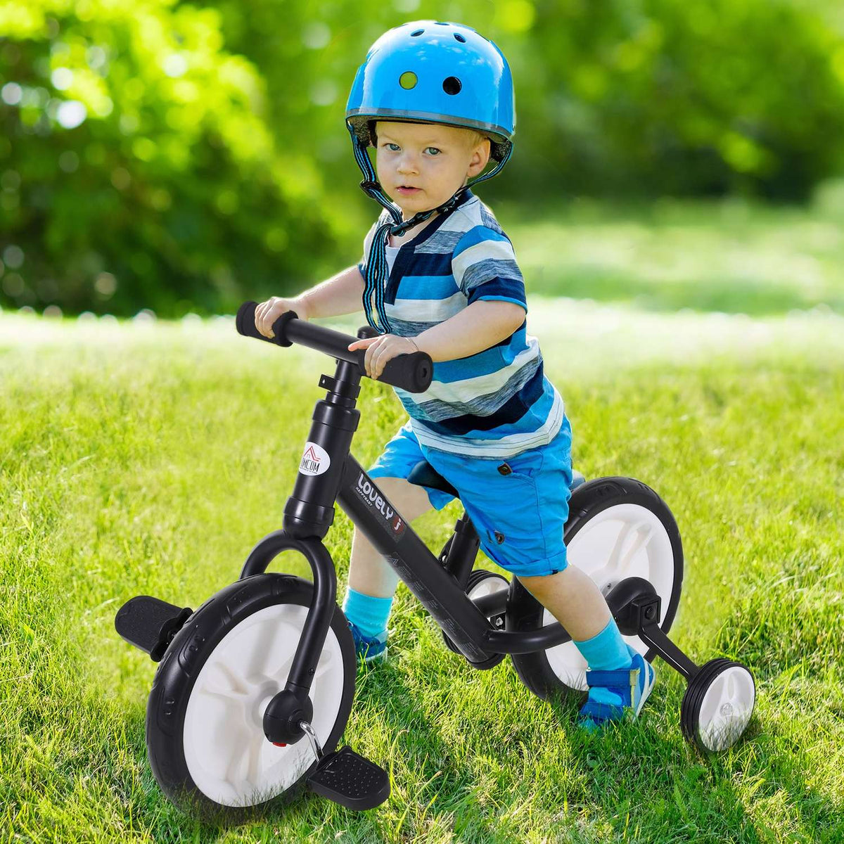 Children's bicycle balance bike with training wheels, pedals, seat height adjustable, for 2-5 years, PP, black