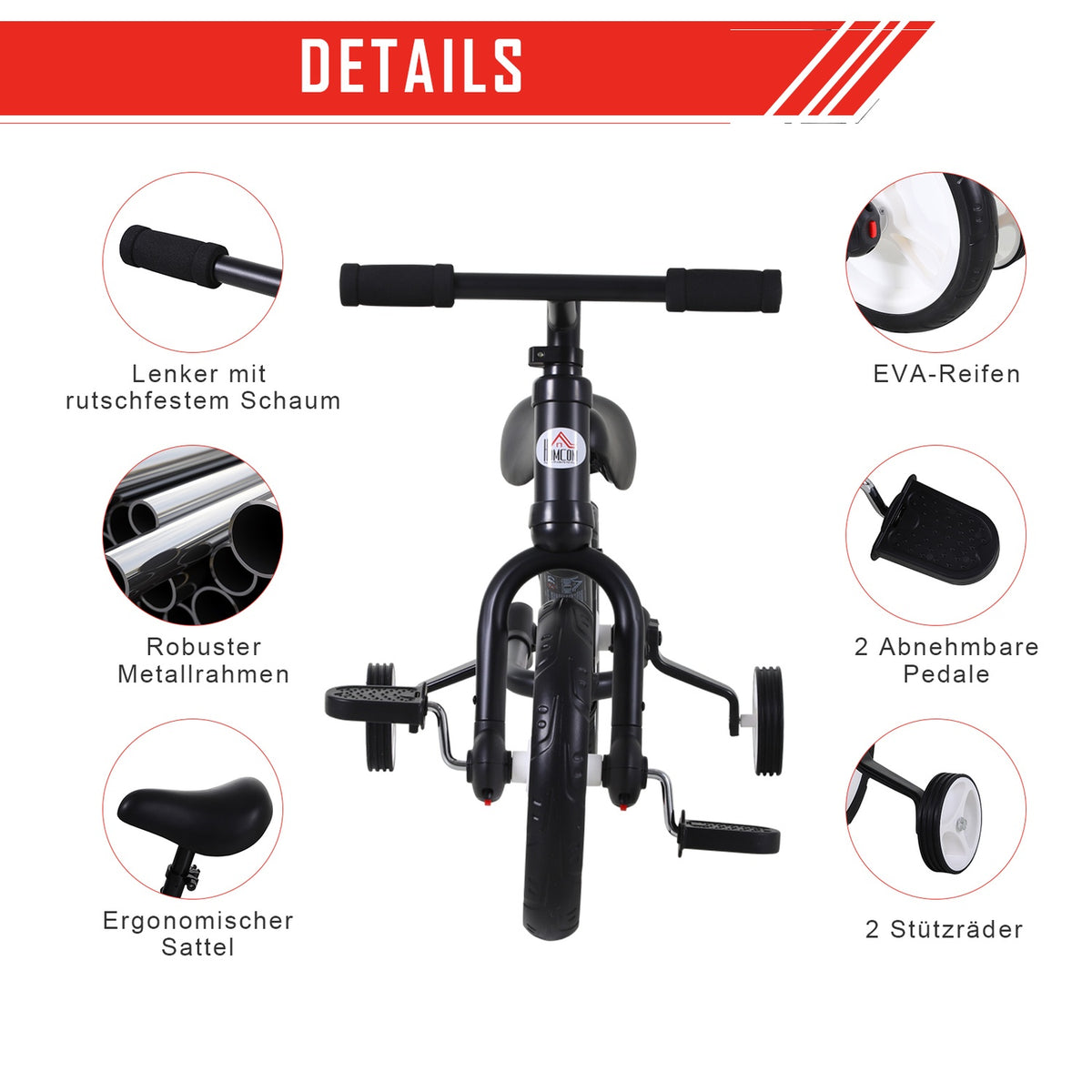 Children's bicycle balance bike with training wheels, pedals, seat height adjustable, for 2-5 years, PP, black