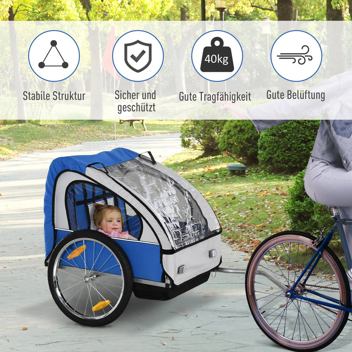Children's bicycle trailer, for 2 children, steel frame, seat carrier with safety belt, for children from 18 months, Oxford fabric