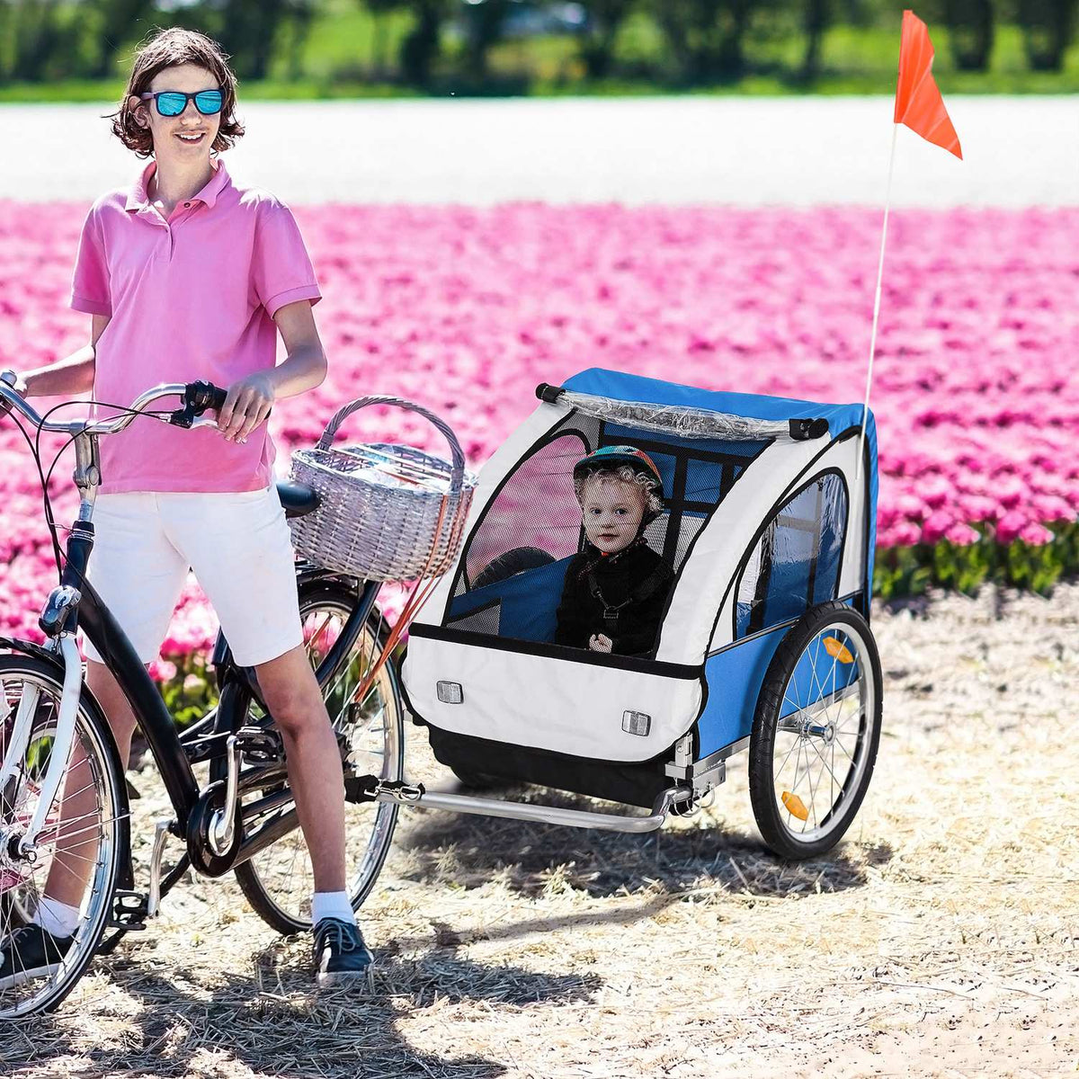 Children's bicycle trailer, for 2 children, steel frame, seat carrier with safety belt, for children from 18 months, Oxford fabric