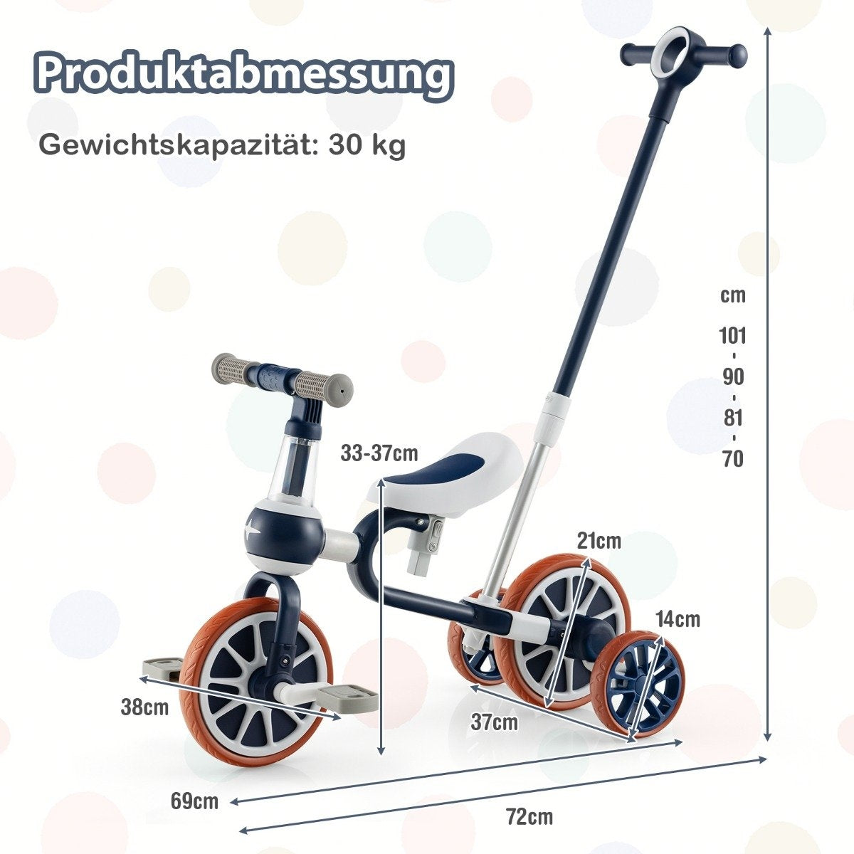 Children's bike 4-in-1 preschool bike with parent push handle 37 x 72 x 101 cm navy
