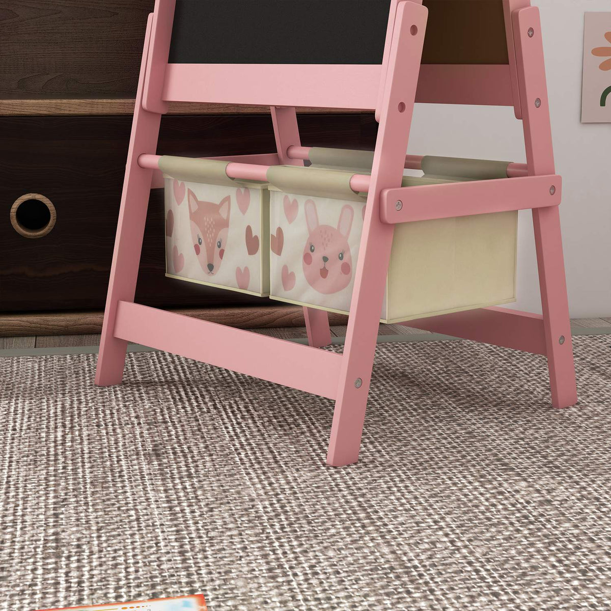 Children's board, 3 in 1 children's easel, standing board with paper roll, storage baskets, whiteboard, 54 x 46.5 x 93 cm, pink