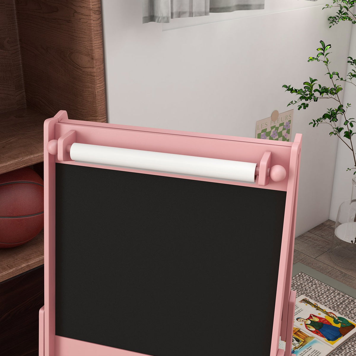 Children's board, 3 in 1 children's easel, standing board with paper roll, storage baskets, whiteboard, 54 x 46.5 x 93 cm, pink