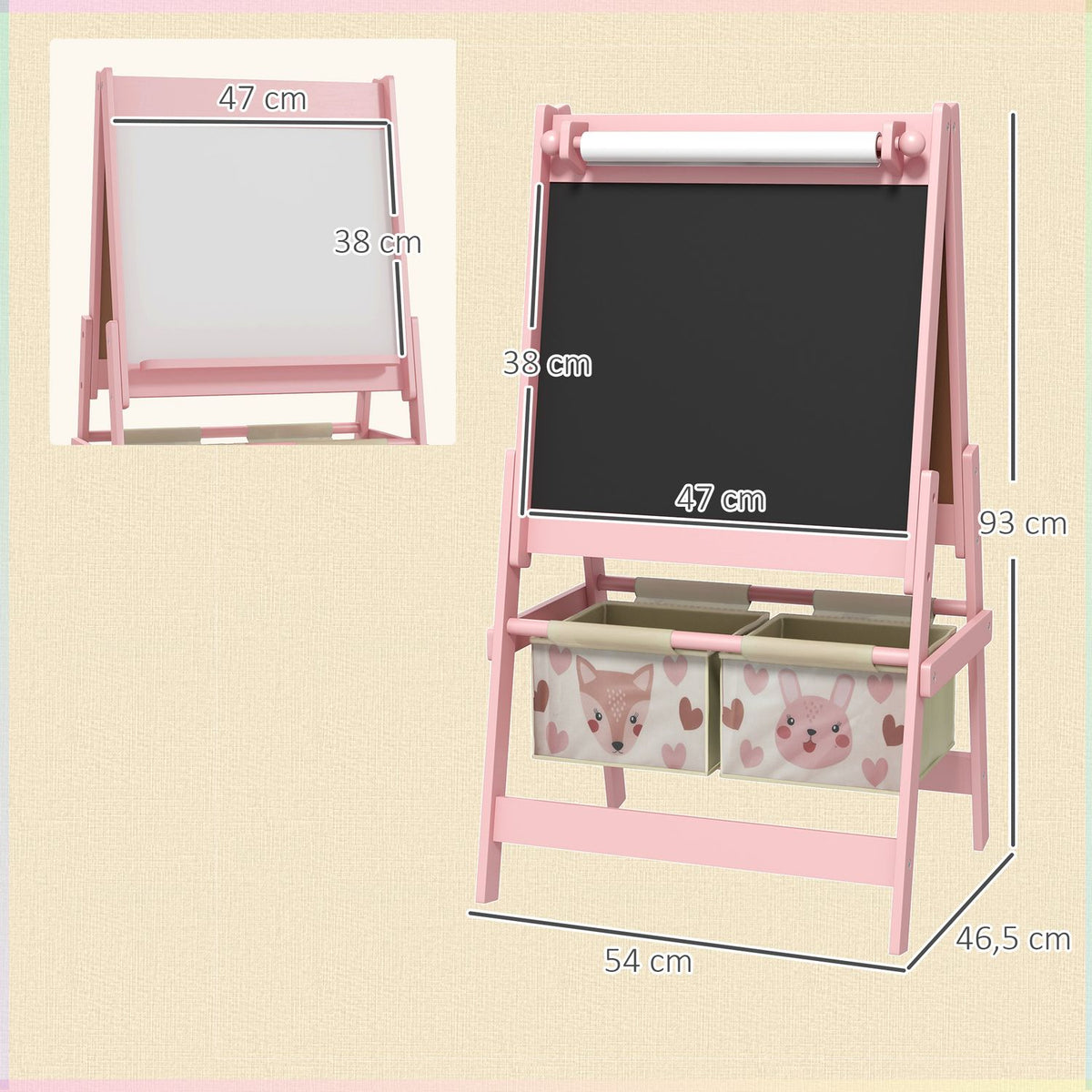 Children's board, 3 in 1 children's easel, standing board with paper roll, storage baskets, whiteboard, 54 x 46.5 x 93 cm, pink