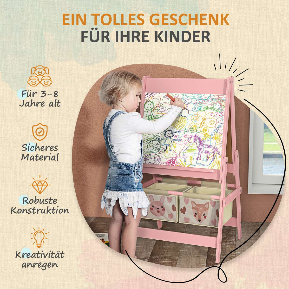 Children's board, 3 in 1 children's easel, standing board with paper roll, storage baskets, whiteboard, 54 x 46.5 x 93 cm, pink