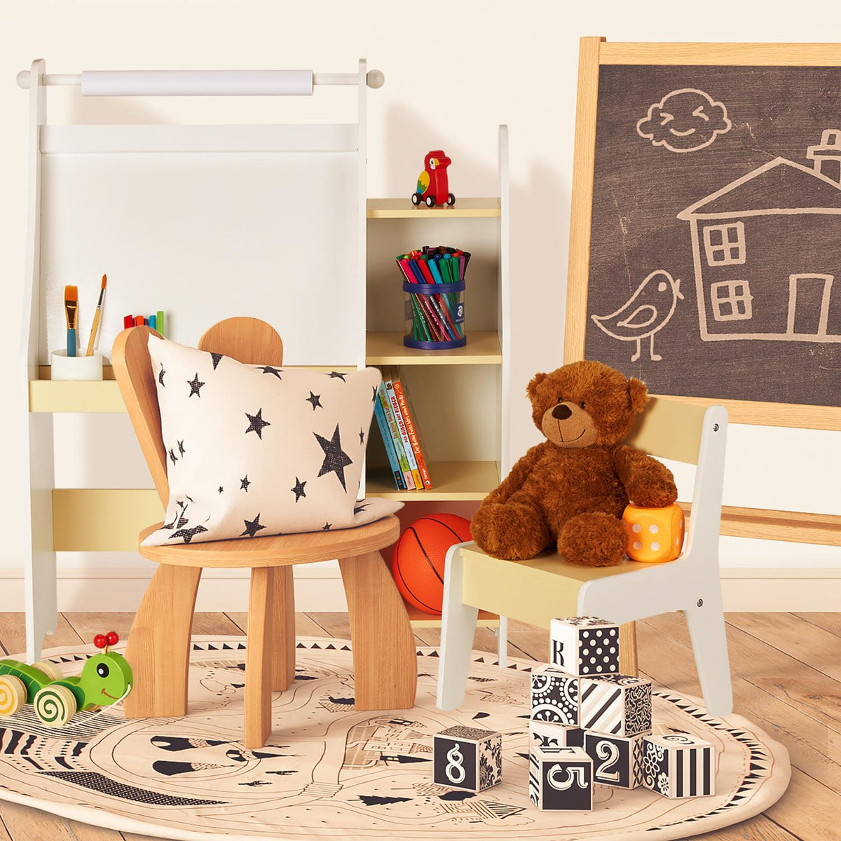 Children's board with compartment and chair