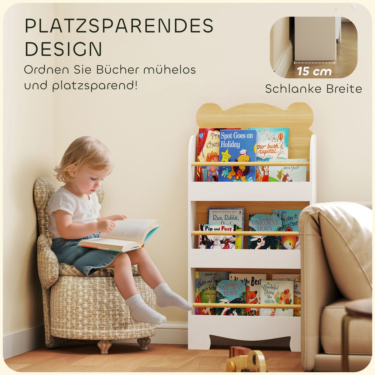 Children's bookcase with 3 shelves, wooden storage shelf, 55 x 15 x 110 cm, white