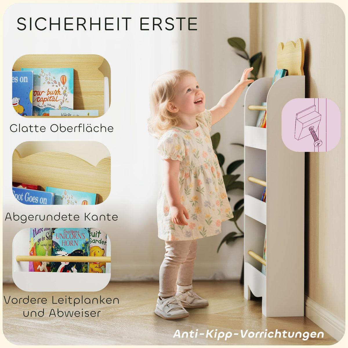 Children's bookcase with 3 shelves, wooden storage shelf, 55 x 15 x 110 cm, white