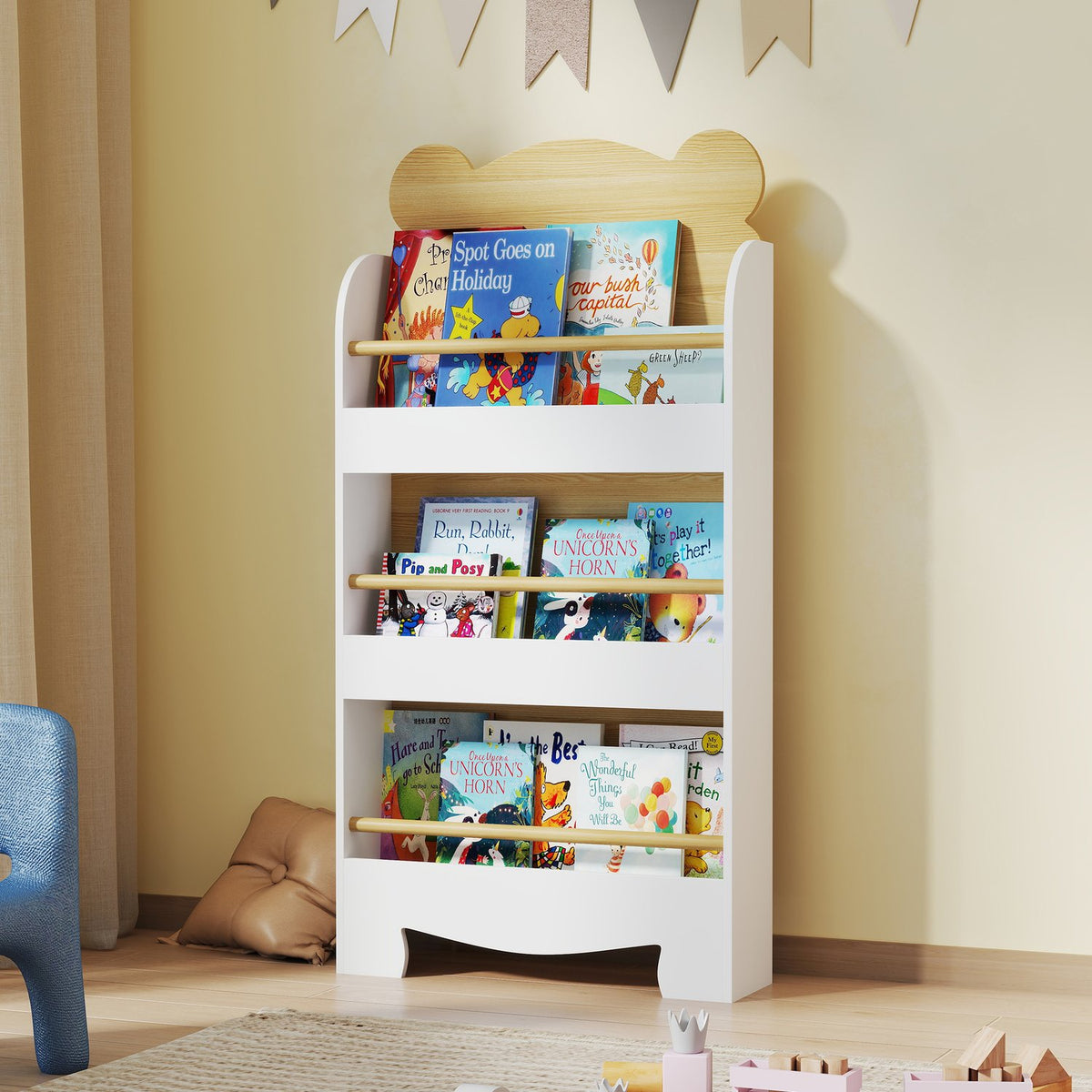 Children's bookcase with 3 shelves, wooden storage shelf, 55 x 15 x 110 cm, white
