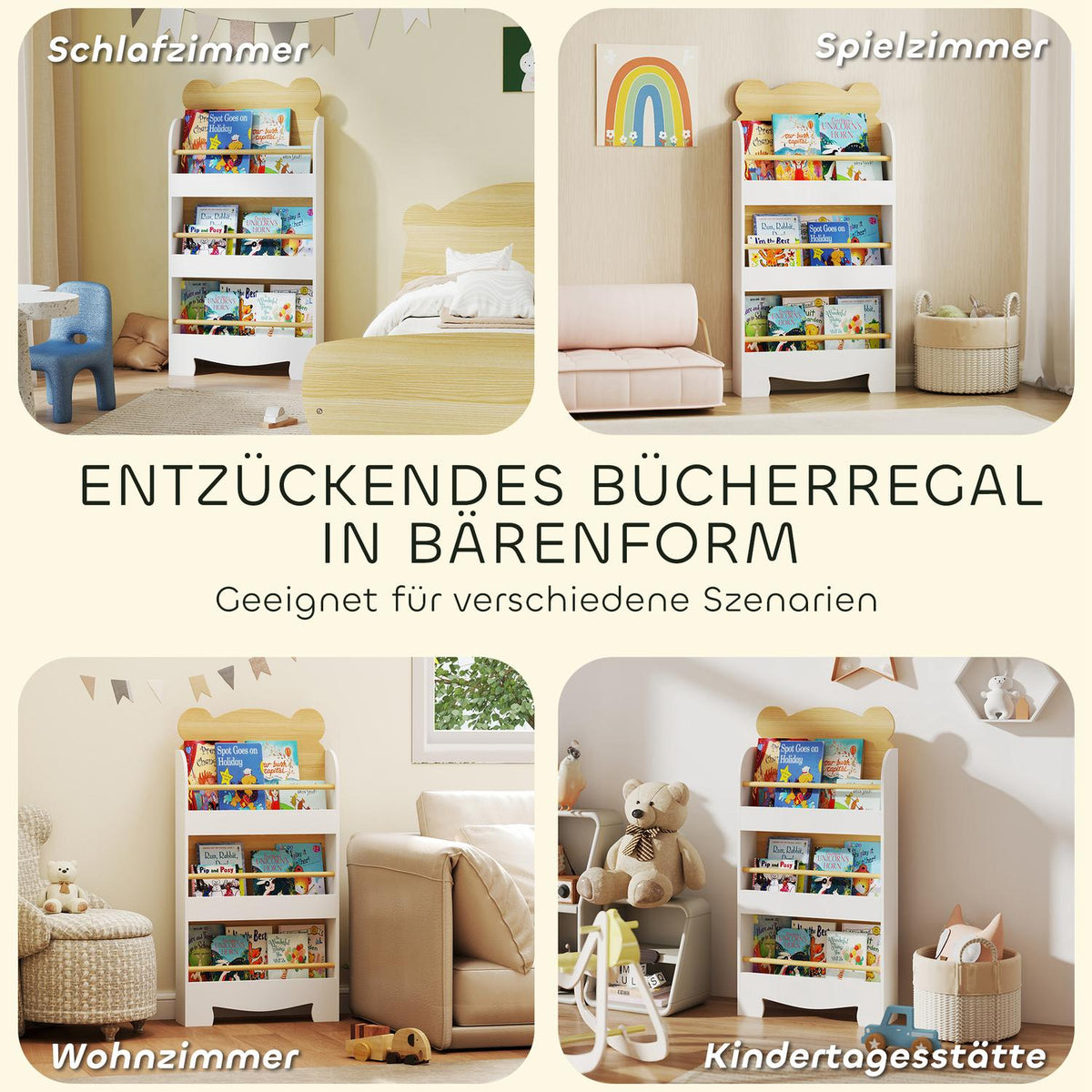 Children's bookcase with 3 shelves, wooden storage shelf, 55 x 15 x 110 cm, white