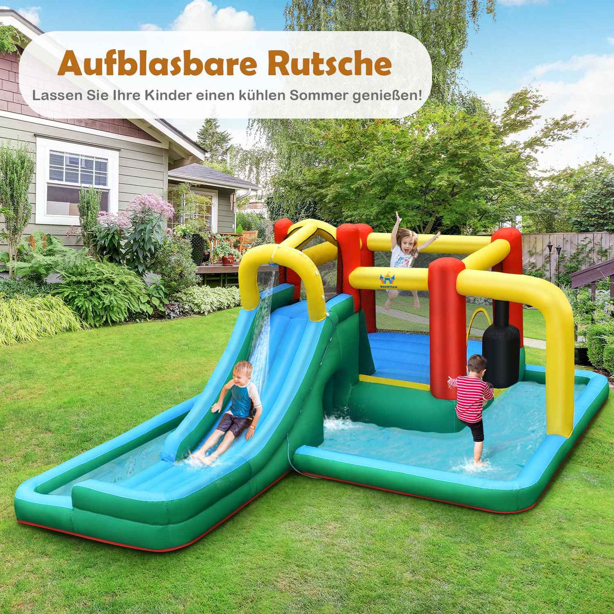 Children's bouncy castle with slide, inflatable water slide, play pool, 470 x 370 x 190 cm, colorful