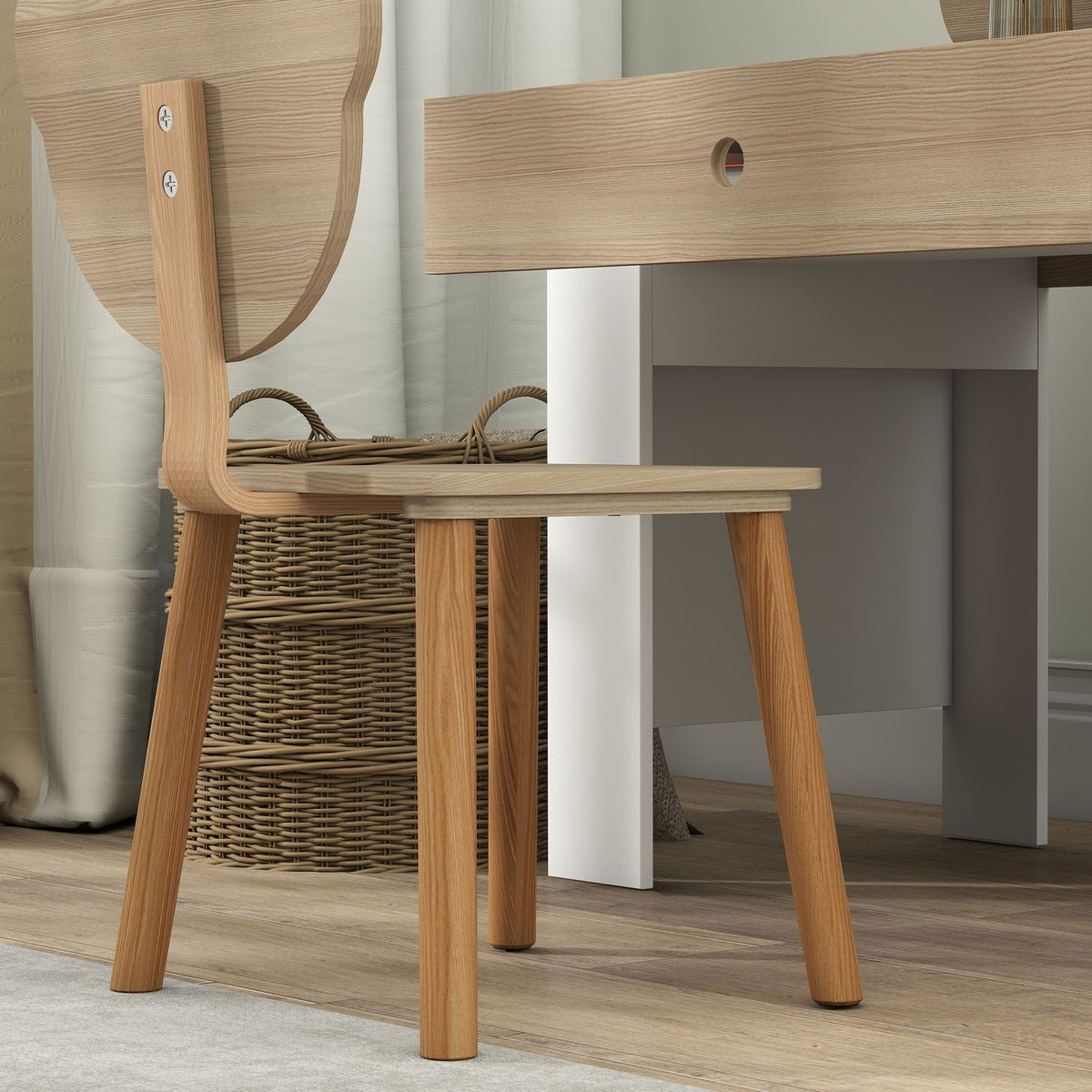 Children's desk set, bear-shaped work table and chair with drawer, for writing and crafting, 3-8 years, natural wood