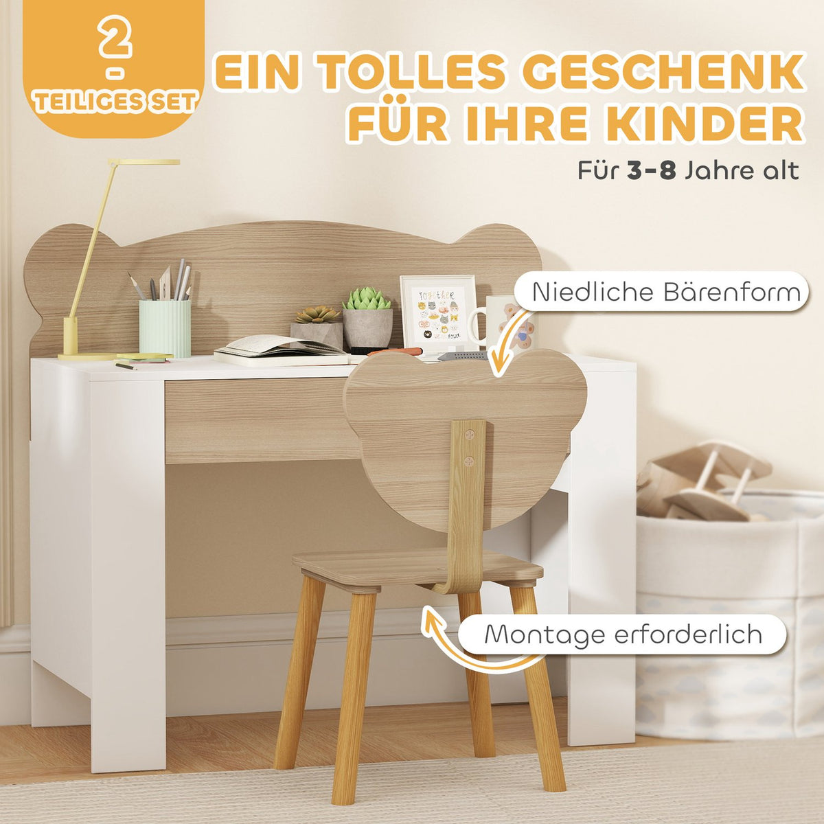 Children's desk set, bear-shaped work table and chair with drawer, for writing and crafting, 3-8 years, natural wood