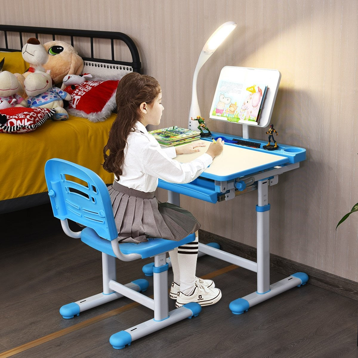 Children's desk, tilt-adjustable, student desk with lamp and chair, choice of colours: blue
