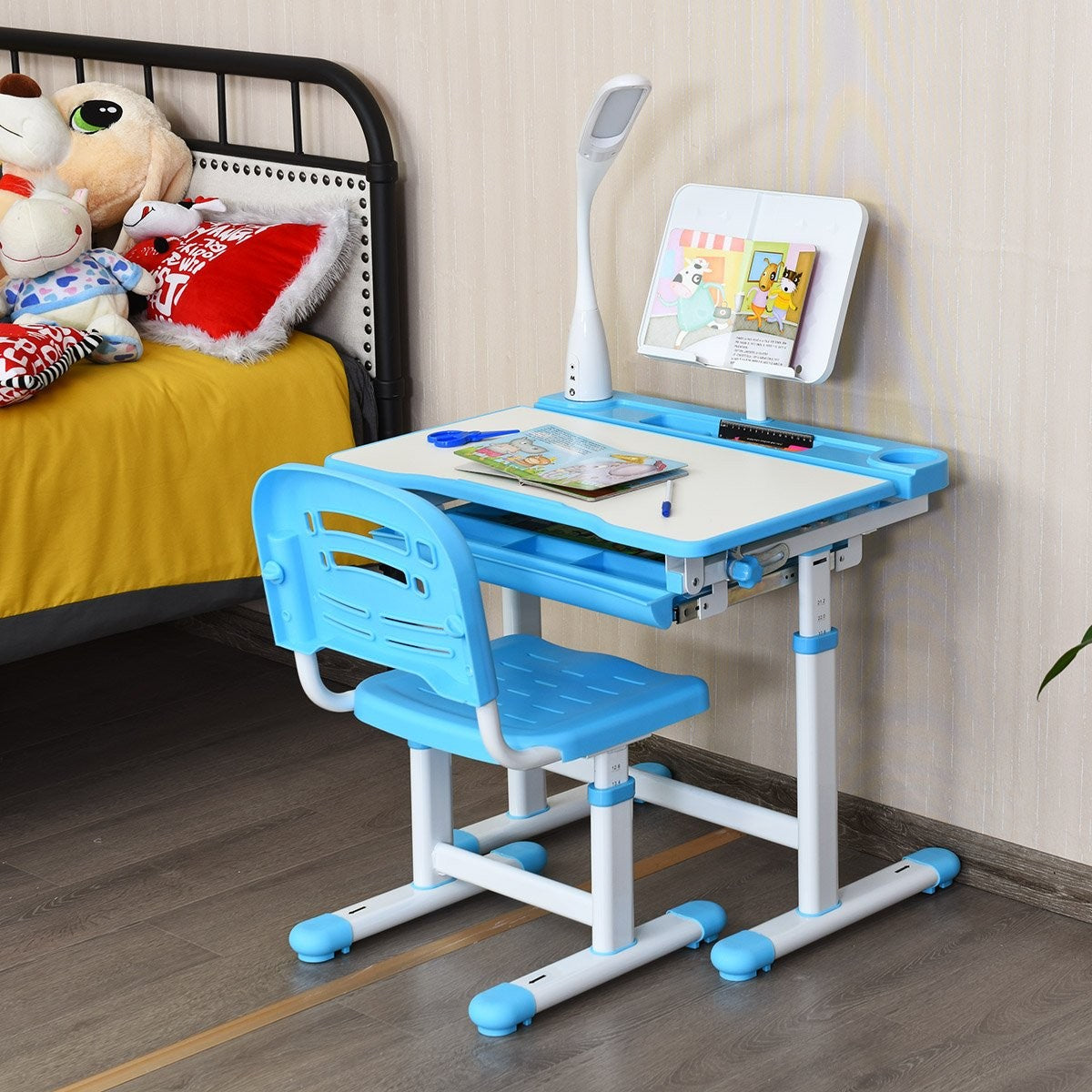 Children's desk, tilt-adjustable, student desk with lamp and chair, choice of colours: blue