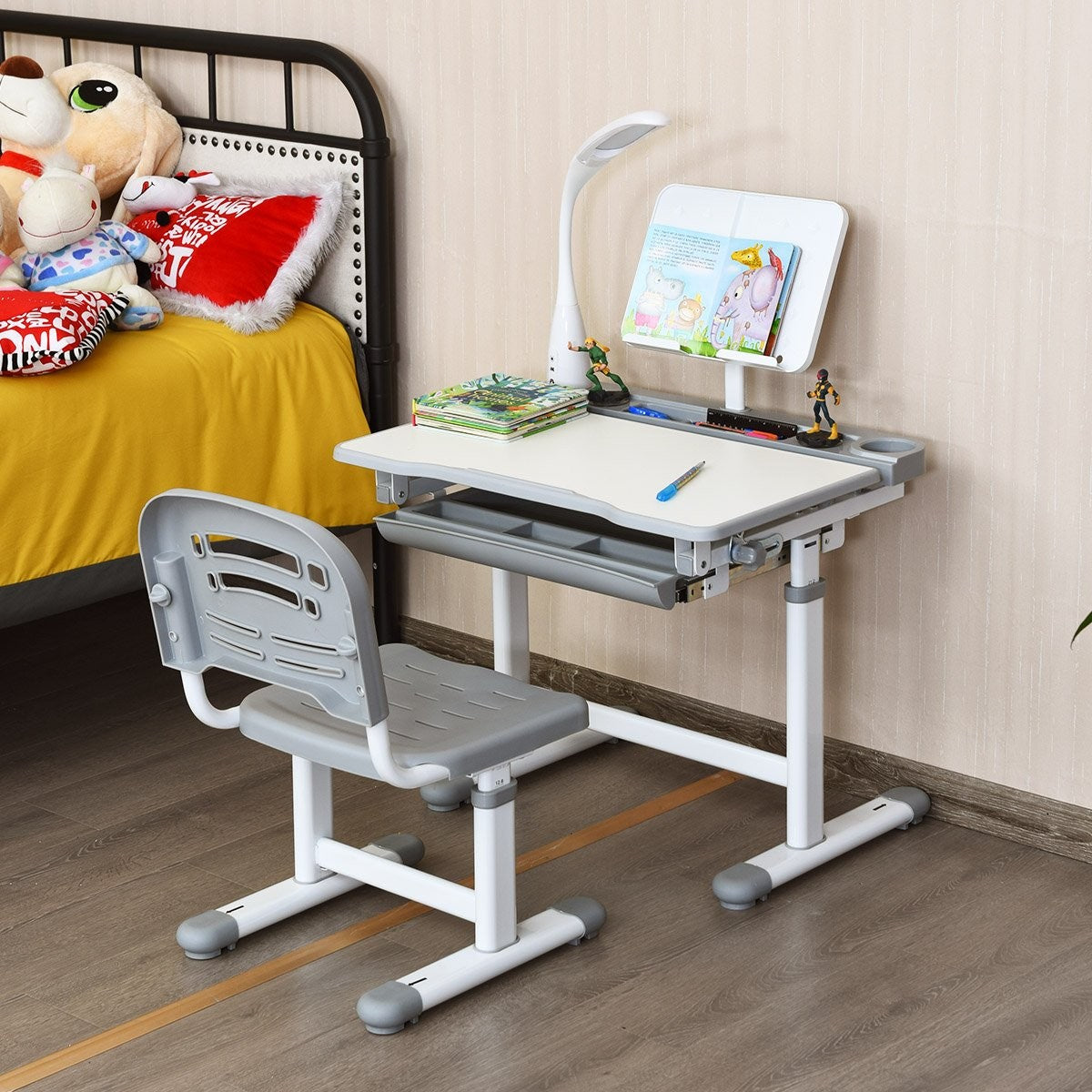 Children's desk, tilt-adjustable, student desk with lamp and chair, choice of colours: grey