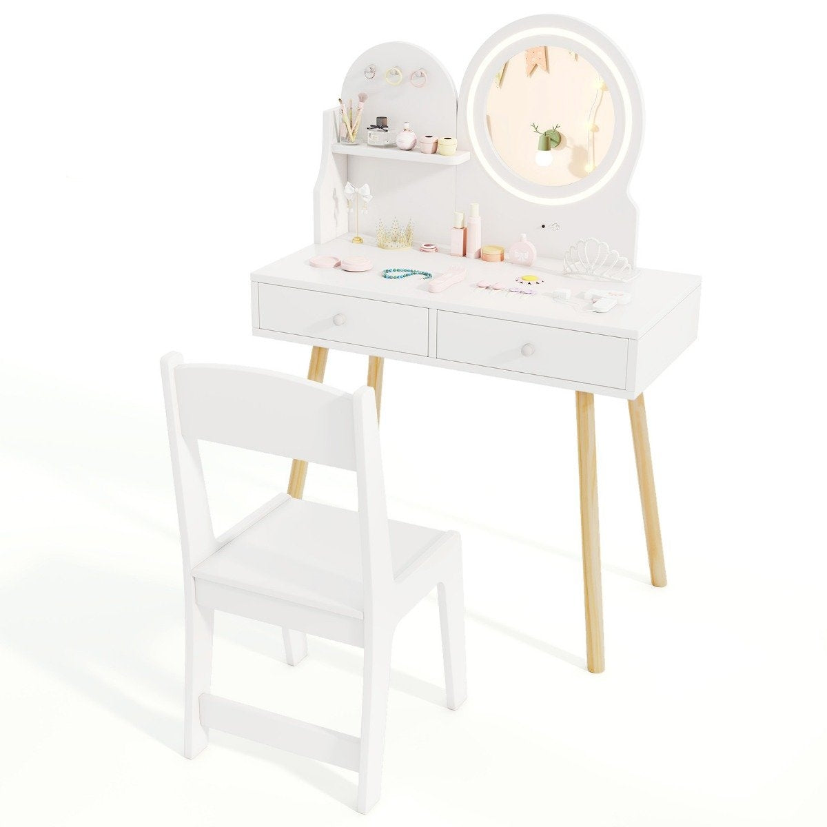 Children's dressing table with lighting 2 in 1 dressing table with mirror white