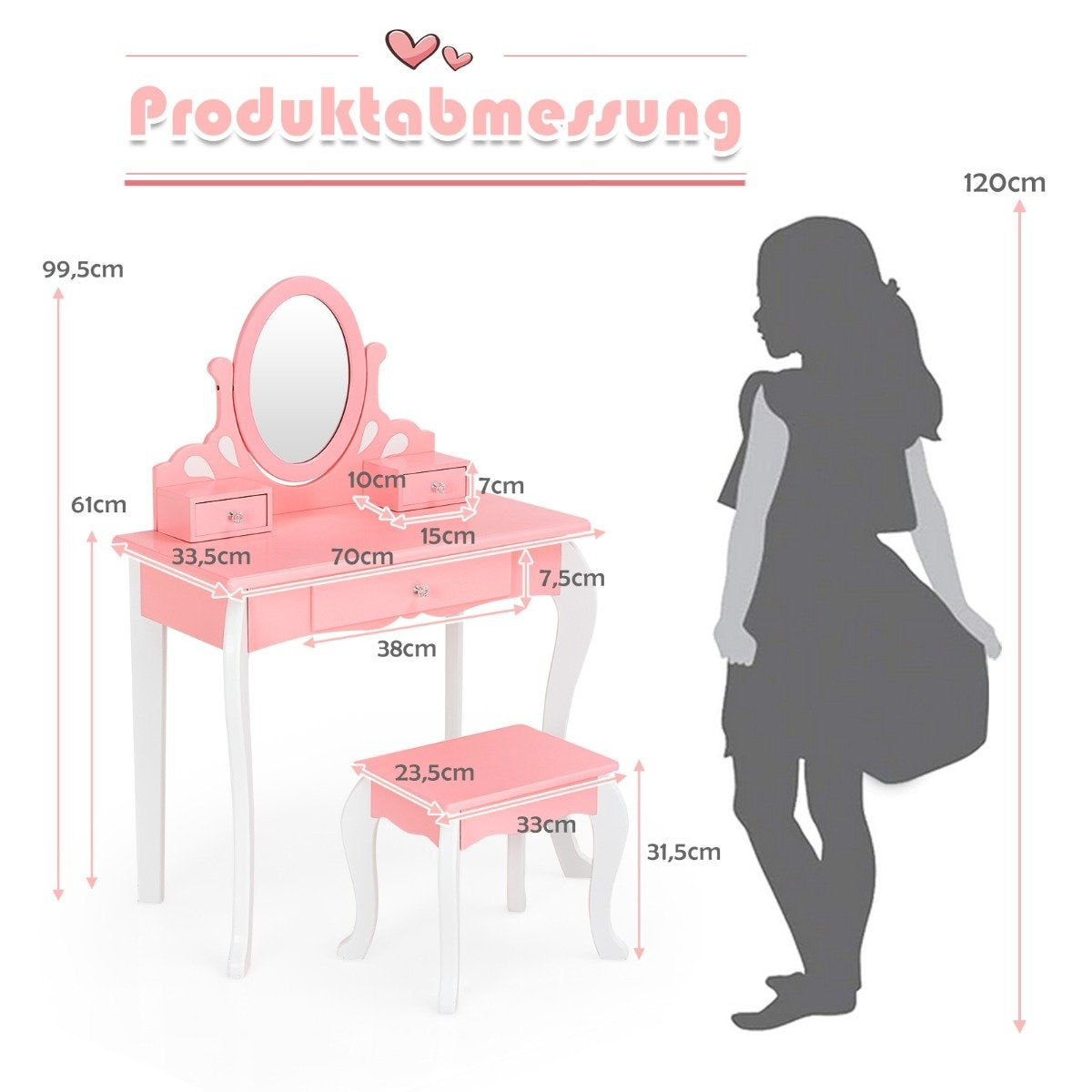Children's dressing table with stool Princess dressing table with 3 drawers & mirror pink