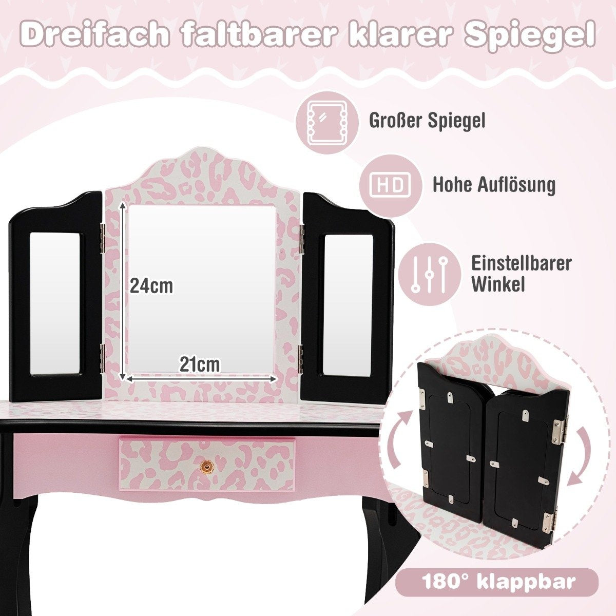 Children's dressing table with stool & tri-fold mirror & drawer leopard