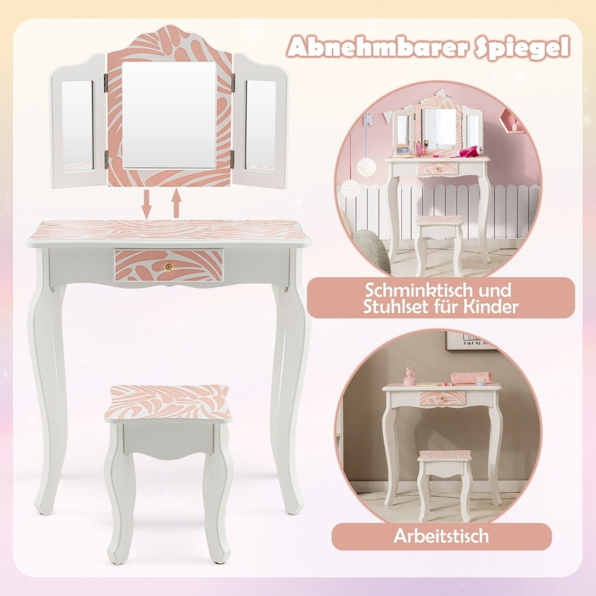 Children's dressing table with stool & triple folding mirror & drawer Zebra