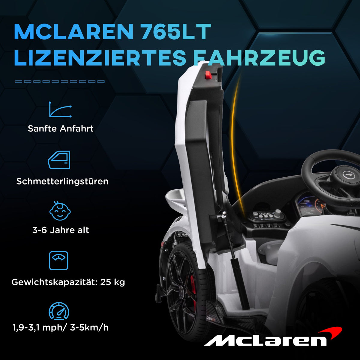 Children's electric car 12 V children's car with 2.4G remote control, MP3 music, electric vehicle with horn, lights, double doors, soft start, 3-5 km/h, for 3-6 years children, white