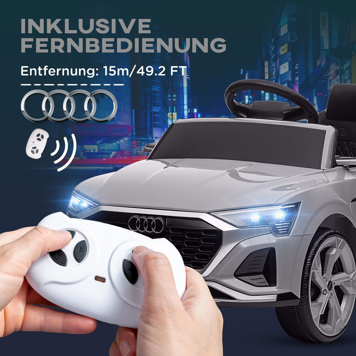 Children's electric car 12V children's car with 2.4G remote control, MP3 music & horn, electric vehicle with headlight, 4 suspended wheels, 3-5 km/h, for 3-6 years children, gray