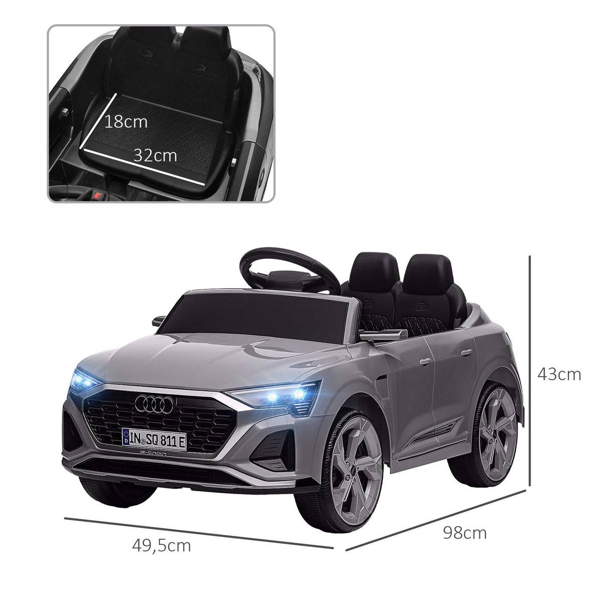 Children's electric car 12V children's car with 2.4G remote control, MP3 music & horn, electric vehicle with headlight, 4 suspended wheels, 3-5 km/h, for 3-6 years children, gray