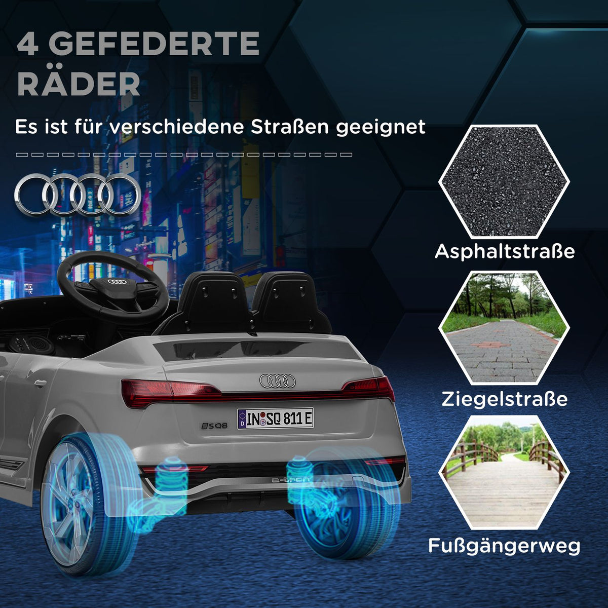 Children's electric car 12V children's car with 2.4G remote control, MP3 music & horn, electric vehicle with headlight, 4 suspended wheels, 3-5 km/h, for 3-6 years children, gray