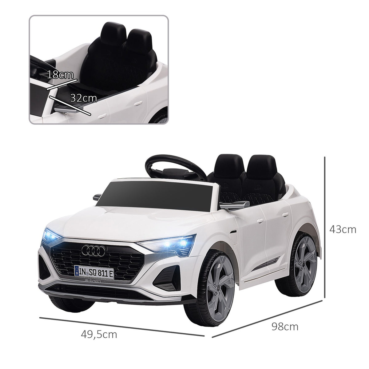 Children's electric car 12V children's car with 2.4G remote control, MP3 music & horn, electric vehicle with headlights, 4 suspended wheels, 3-5 km/h, for 3-6 years children, white