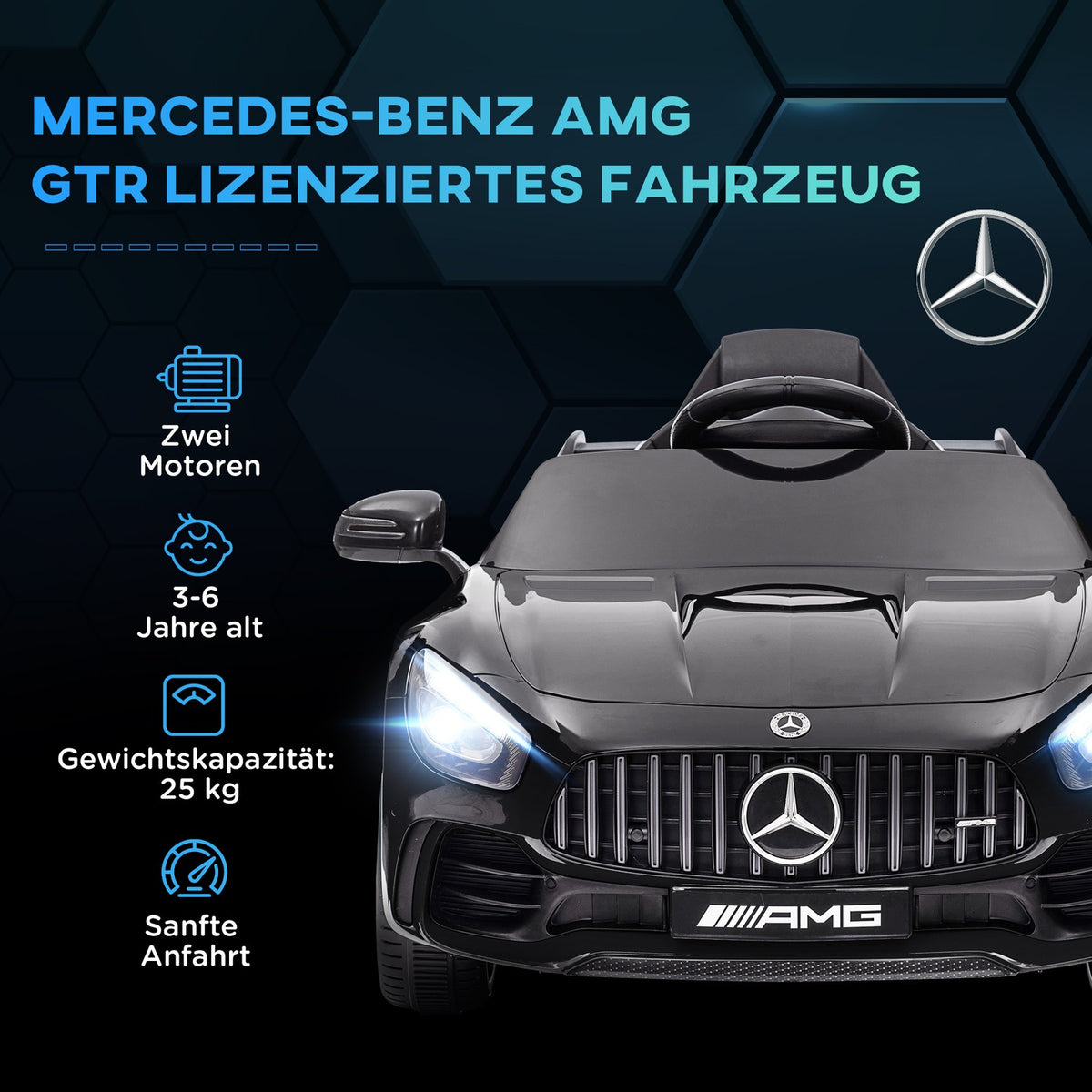 Children's electric car 12 V children's car with 2.4G remote control, USB, MP3, music, electric vehicle with lights, soft start, reverse function, 3-5 km/h, for children 3-6 years, black