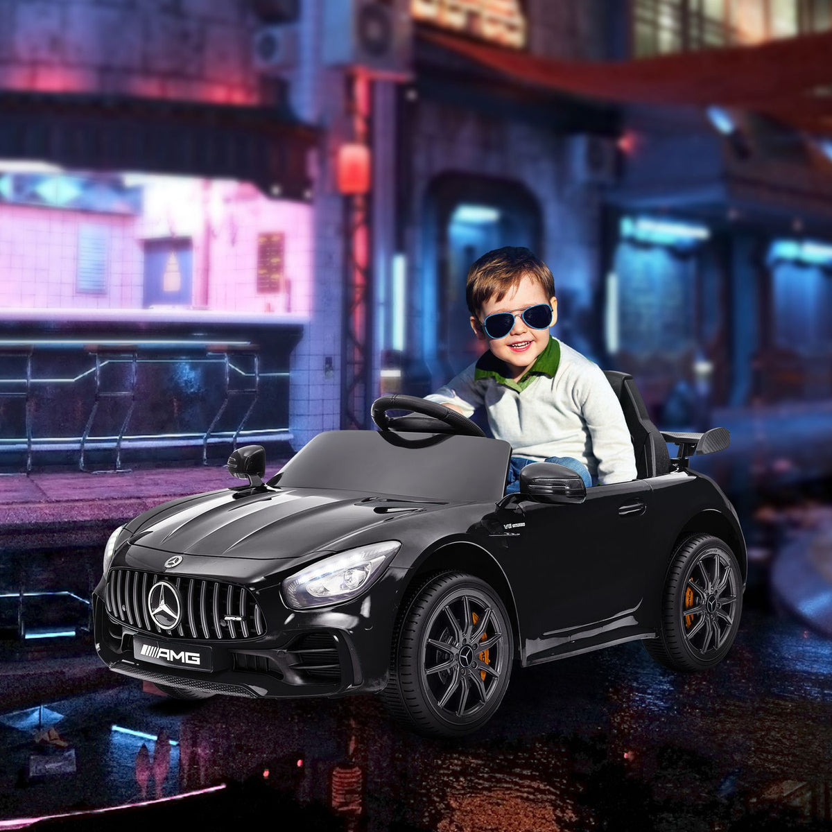 Children's electric car 12 V children's car with 2.4G remote control, USB, MP3, music, electric vehicle with lights, soft start, reverse function, 3-5 km/h, for children 3-6 years, black
