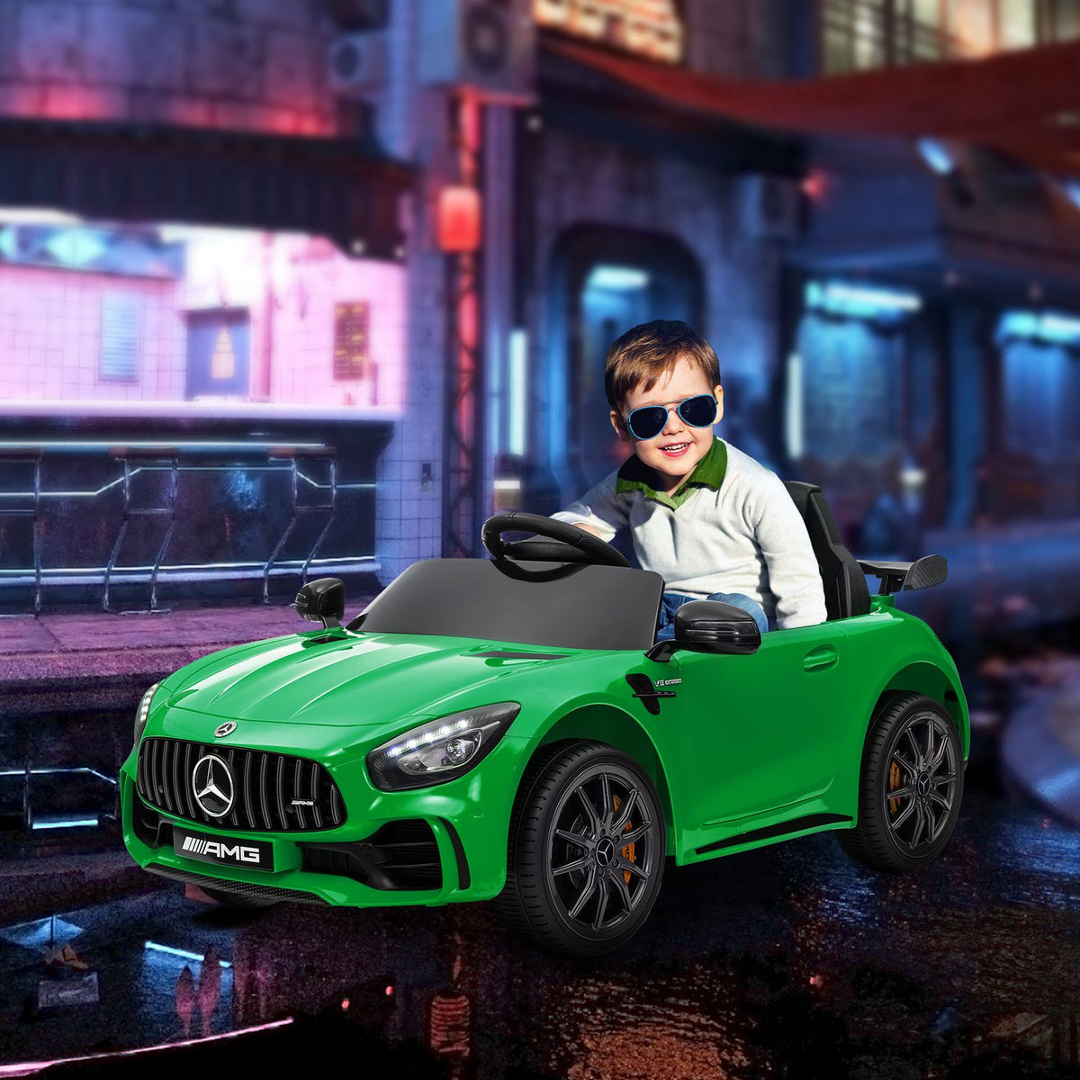 Children's electric car 12 V children's car with 2.4G remote control, USB, MP3, music, electric vehicle with lights, soft start, reverse function, 3-5 km/h, for children 3-6 years, green