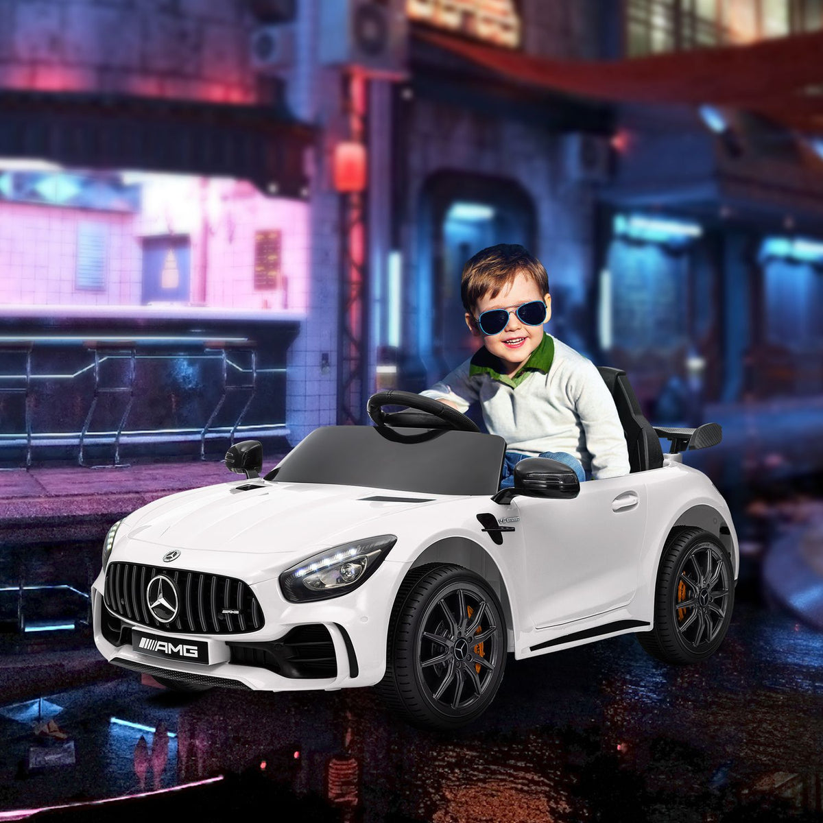 Children's electric car 12 V children's car with 2.4G remote control, USB, MP3, music, electric vehicle with lights, soft start, reverse function, 3-5 km/h, for children 3-6 years, white