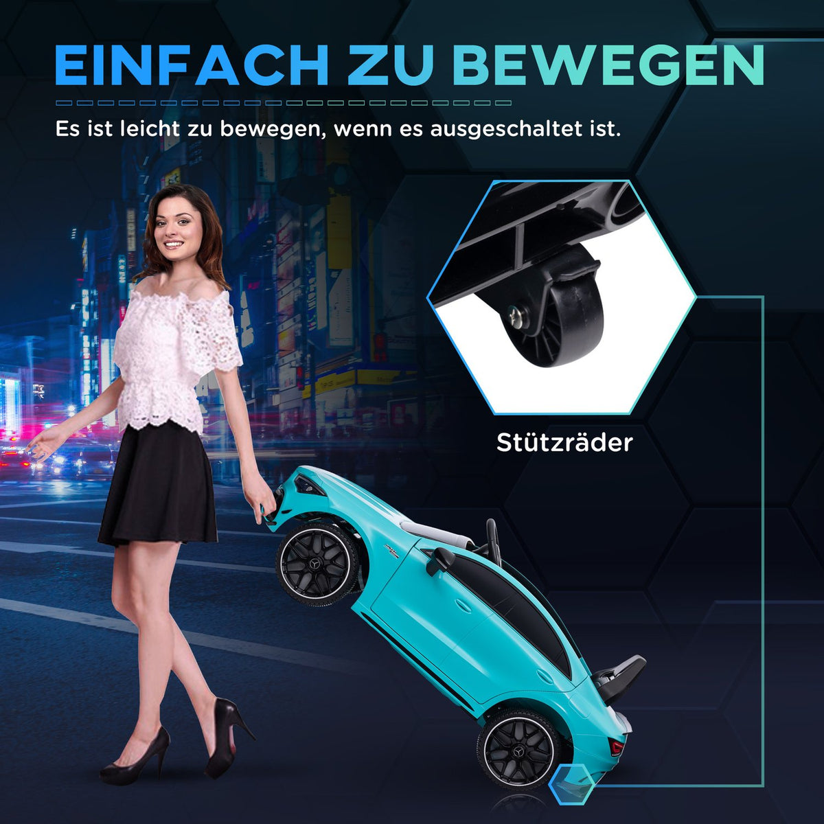 Children's electric car 12 V children's car with 2.4G remote control, USB, MP3 port, electric vehicle with lights, training wheels, suspension system, 3-5 km/h, for 3-6 years children, light blue