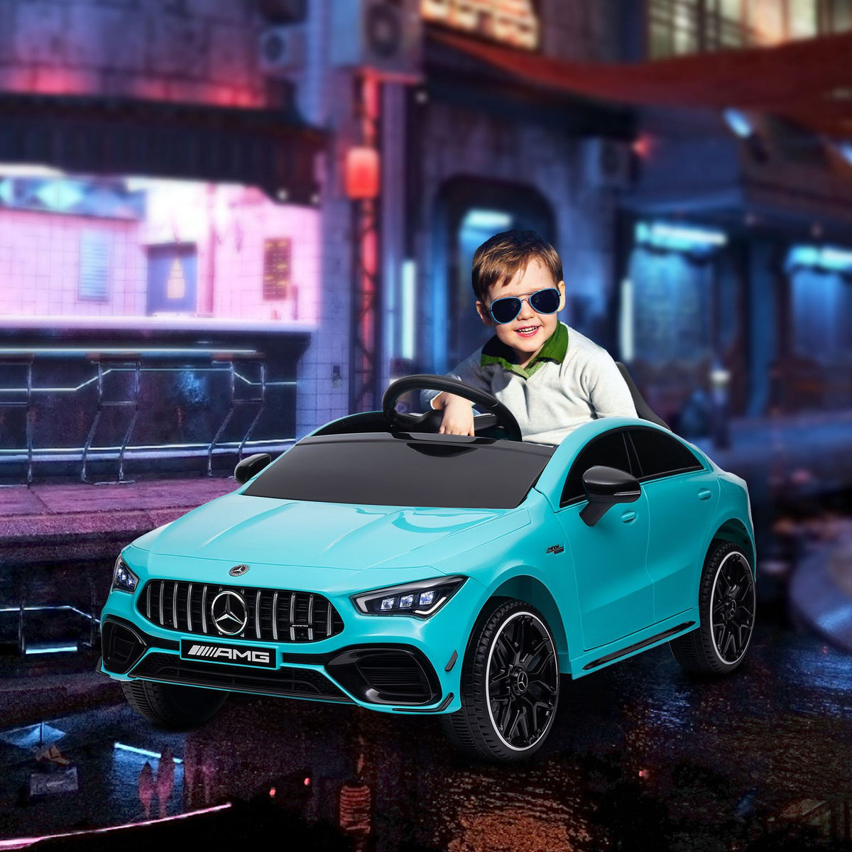 Children's electric car 12 V children's car with 2.4G remote control, USB, MP3 port, electric vehicle with lights, training wheels, suspension system, 3-5 km/h, for 3-6 years children, light blue
