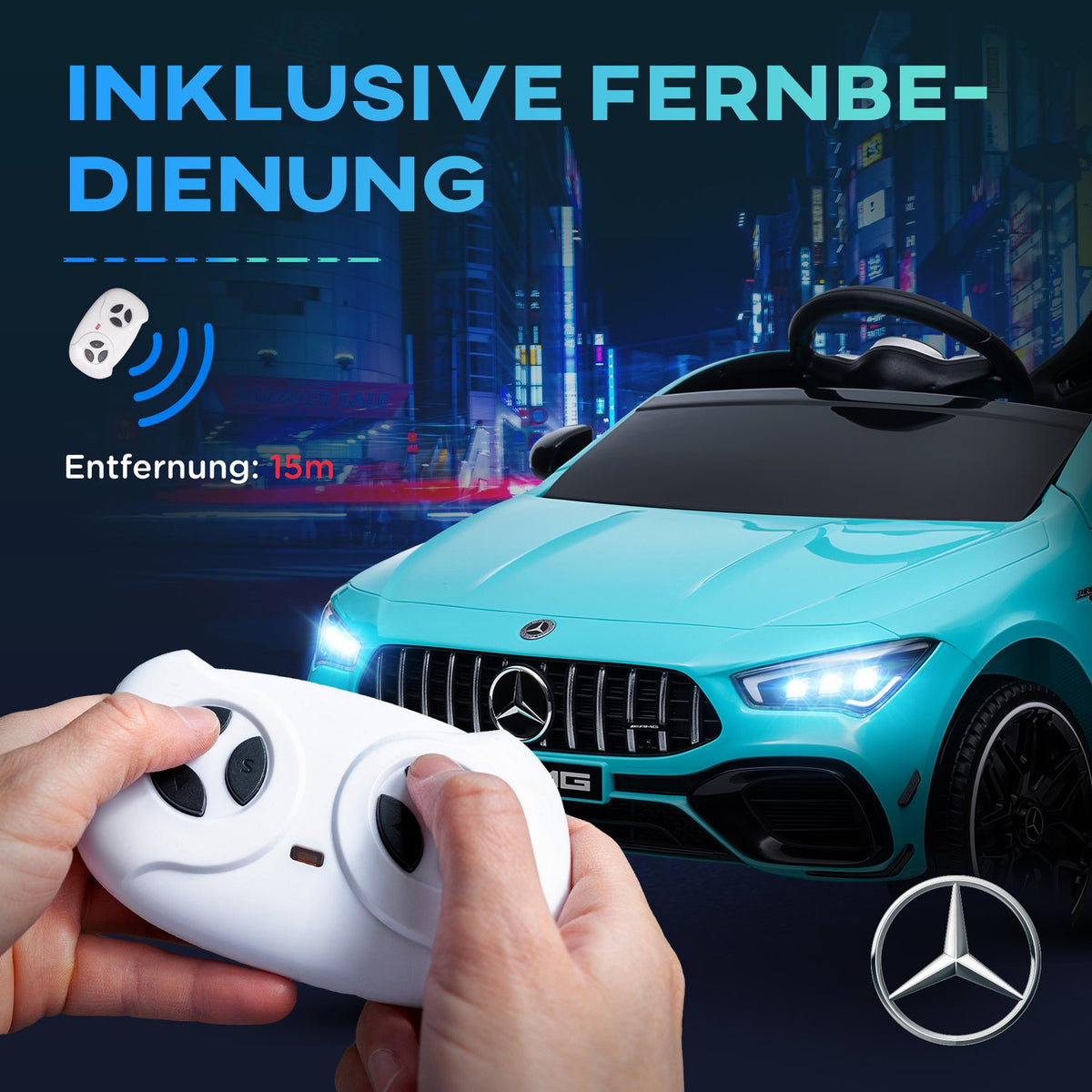 Children's electric car 12 V children's car with 2.4G remote control, USB, MP3 port, electric vehicle with lights, training wheels, suspension system, 3-5 km/h, for 3-6 years children, light blue