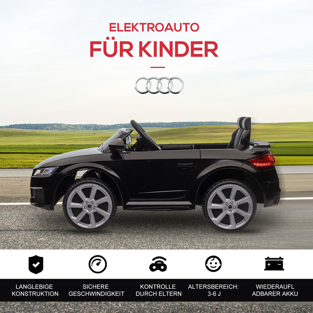 Children's electric car 12V children's car with 2.4G remote control, music, electric vehicle with light, USB/MP3 port, reverse function, up to 3 km/h, for children 3-5 years, black