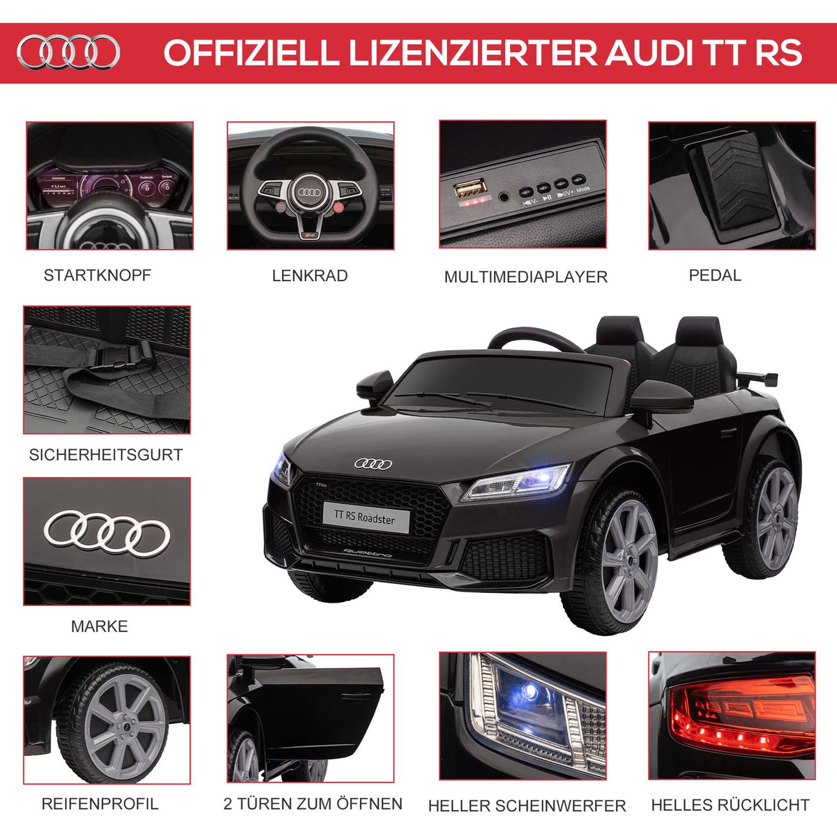 Children's electric car 12V children's car with 2.4G remote control, music, electric vehicle with light, USB/MP3 port, reverse function, up to 3 km/h, for children 3-5 years, black