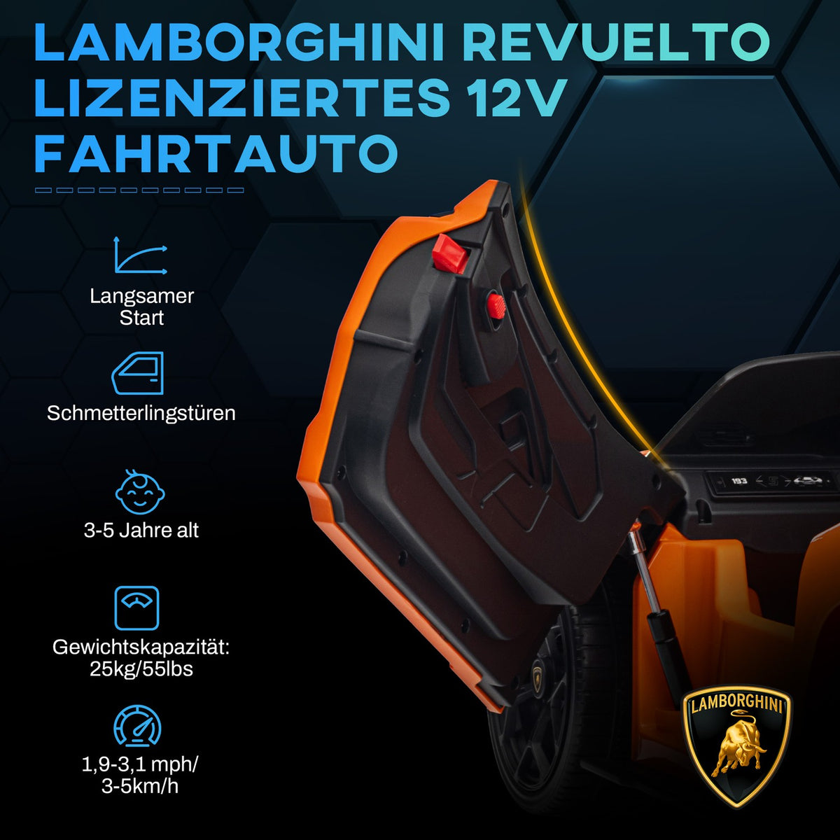 Children's electric car 12V children's car with 2.4G remote control, music, electric vehicle with light, USB/MP3 port, reverse function, up to 5 km/h, for children 3-5 years, orange