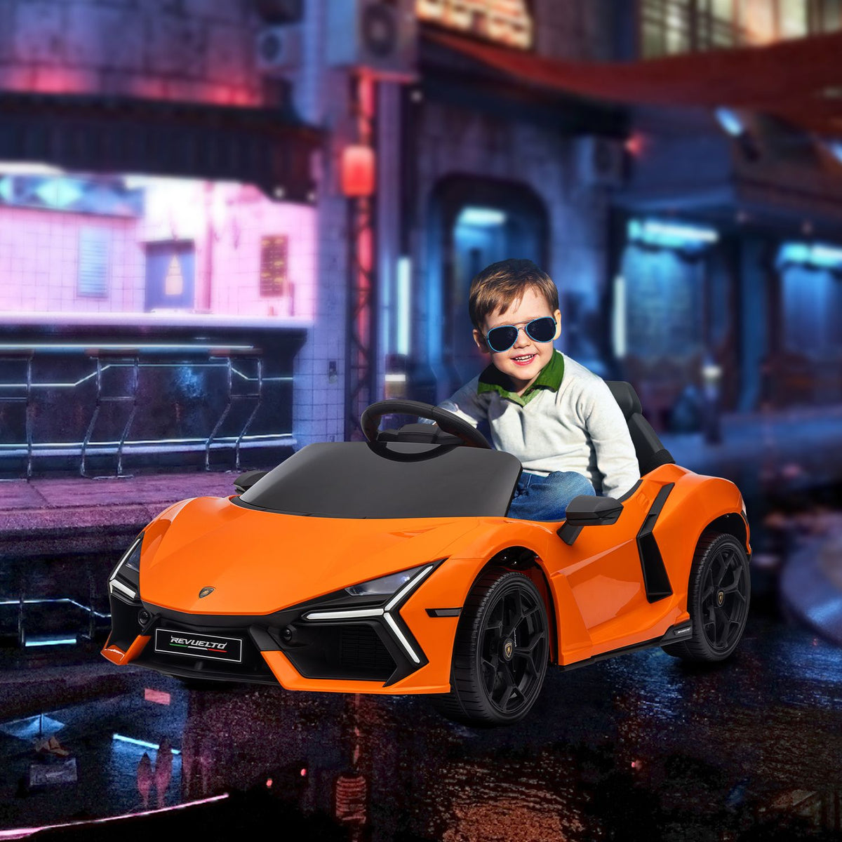 Children's electric car 12V children's car with 2.4G remote control, music, electric vehicle with light, USB/MP3 port, reverse function, up to 5 km/h, for children 3-5 years, orange