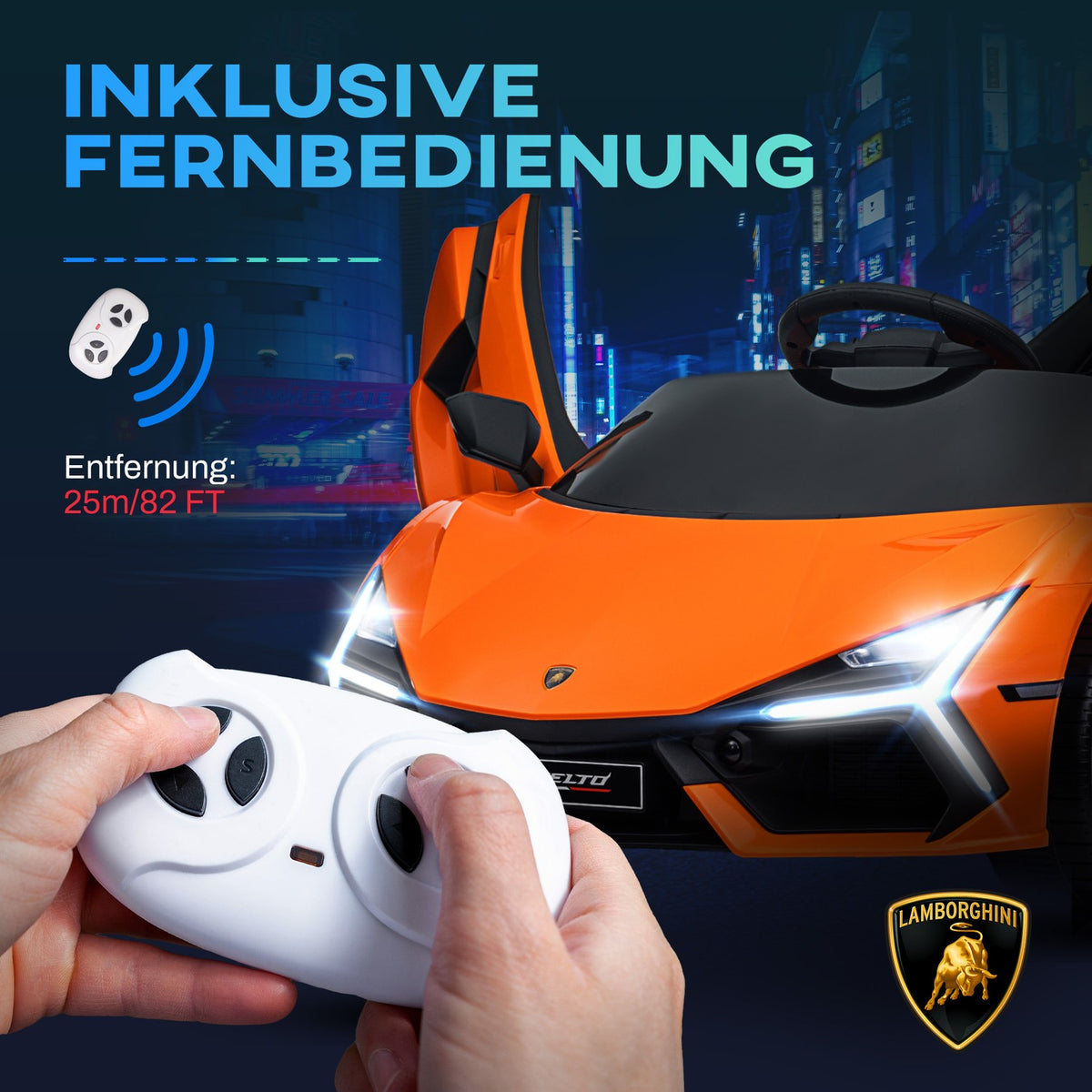 Children's electric car 12V children's car with 2.4G remote control, music, electric vehicle with light, USB/MP3 port, reverse function, up to 5 km/h, for children 3-5 years, orange