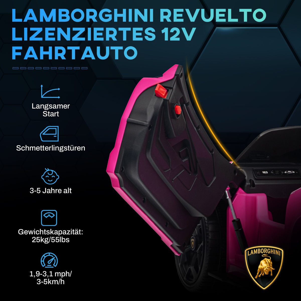 Children's electric car 12V children's car with 2.4G remote control, music, electric vehicle with light, USB/MP3 port, reverse function, up to 5 km/h, for children 3-5 years, pink