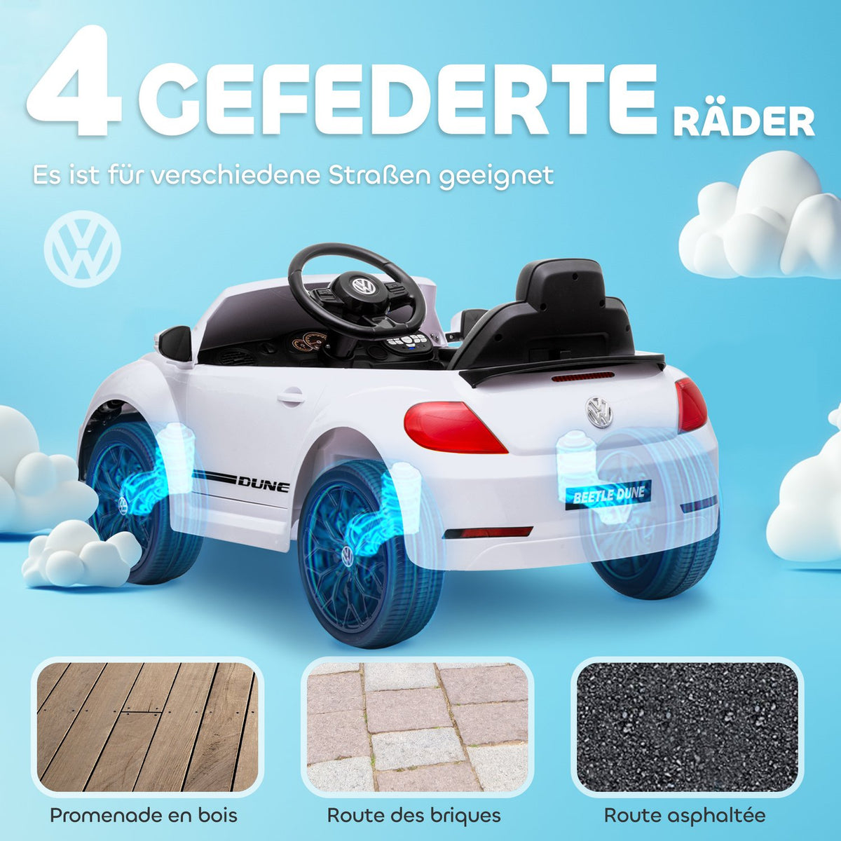 Children's electric car 12V children's car with 2.4G remote control, music, horn, electric vehicle with LED lights, USB/MP3 port, 3-5 km/h, for children 3-5 years, white