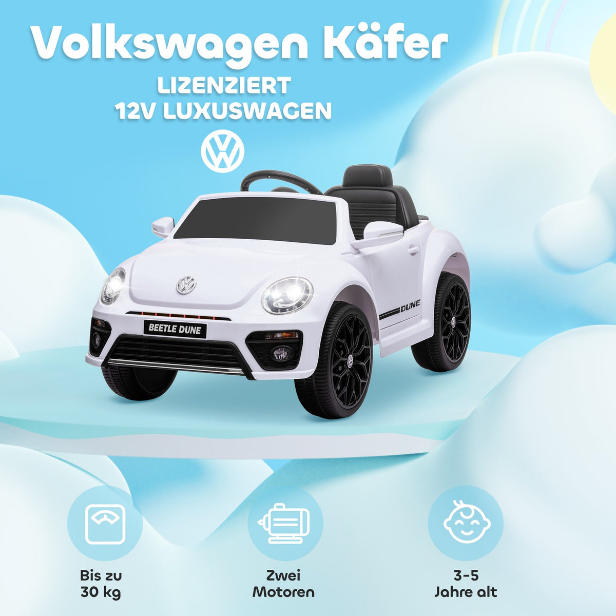 Children's electric car 12V children's car with 2.4G remote control, music, horn, electric vehicle with LED lights, USB/MP3 port, 3-5 km/h, for children 3-5 years, white