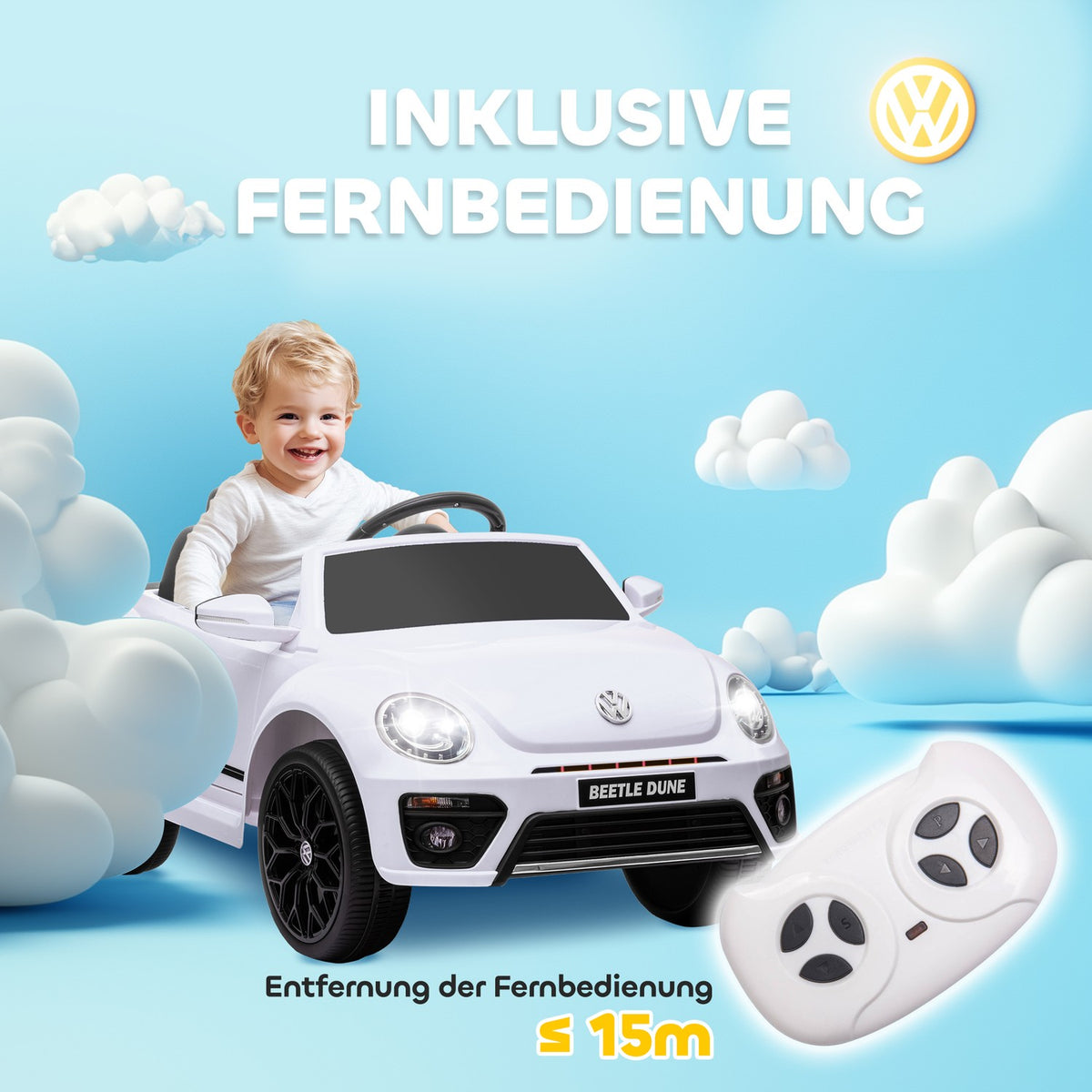 Children's electric car 12V children's car with 2.4G remote control, music, horn, electric vehicle with LED lights, USB/MP3 port, 3-5 km/h, for children 3-5 years, white