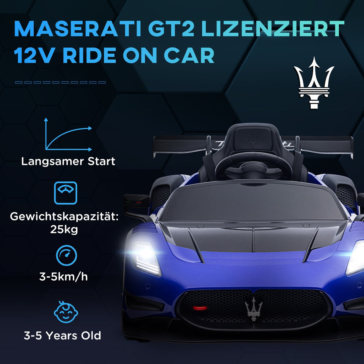 Children's electric car 12 V children's car with 2.4G remote control, music, horn, suspension, electric vehicle with lights, training wheels, soft start, 3-5 km/h, for children 3-5 years, blue