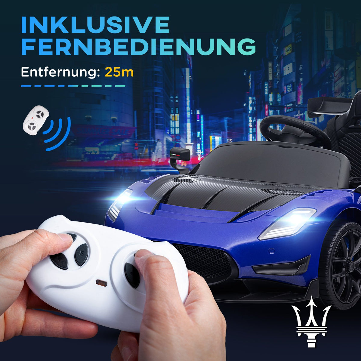 Children's electric car 12 V children's car with 2.4G remote control, music, horn, suspension, electric vehicle with lights, training wheels, soft start, 3-5 km/h, for children 3-5 years, blue